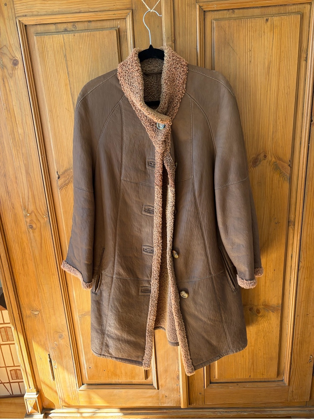 Women’s Brown Shearling-Trim Leather Coat